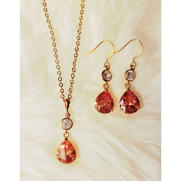 Peach Crystal and CZ Necklace and Earring Set - Picture 2 of 8